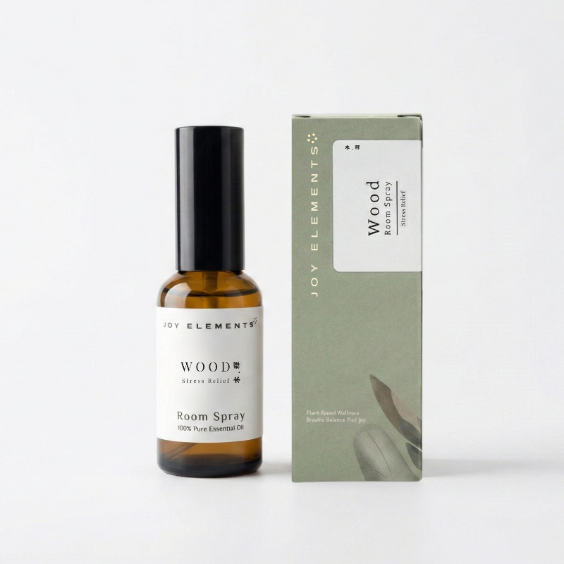 Room spray bottle with a matching box on a white background